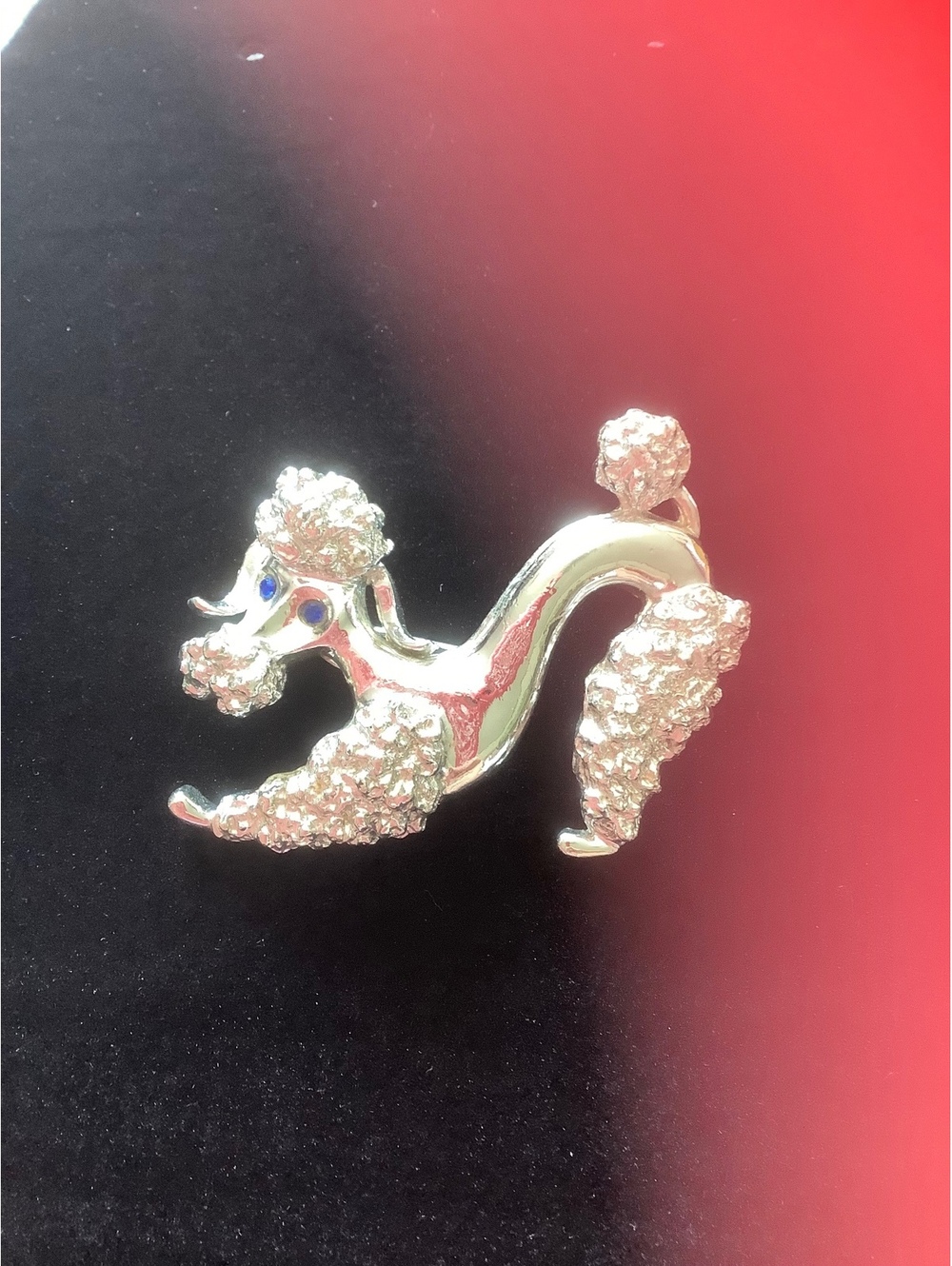 Vintage Gerry’s Poodle Brooch Rhinestone Blue Eyes Silver Tone Figural Dog Pin
